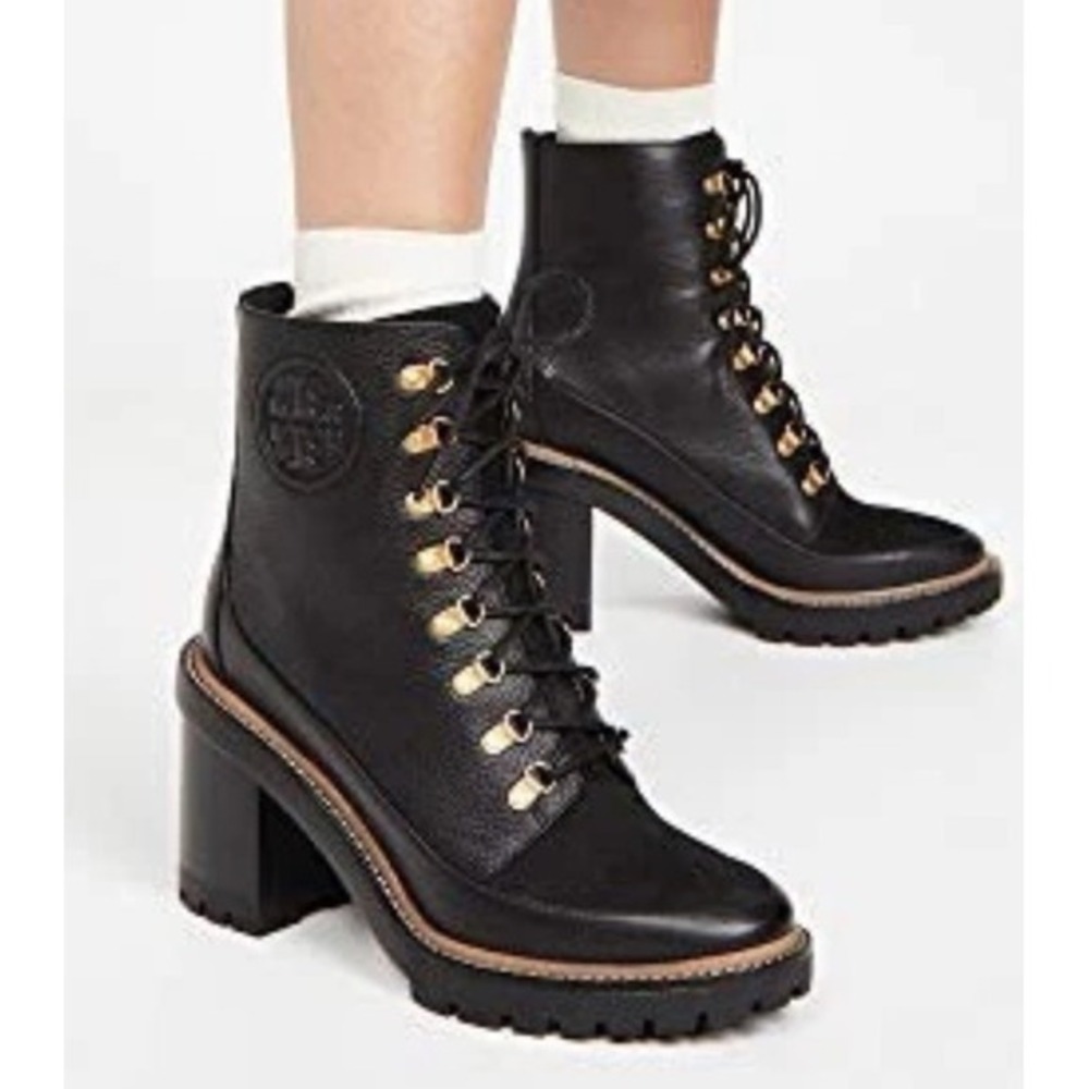 Tory Burch Black Leather Lace-Up Block Heel Ankle Boots with Gold Hardware
